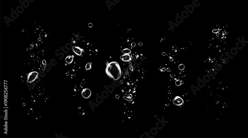 Set of clean water bubbles with soap foam effect, sparkle shine, detergent powder trail, fresh wave and hygiene on black background.
