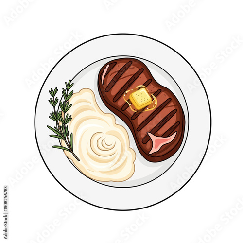 Grill Steak with Mashed Potatoes and Rosemary, Top View, Cartoon Style