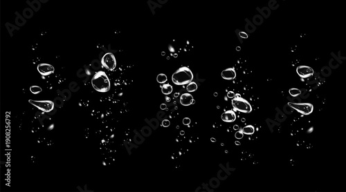 Set of clean water bubbles with soap foam effect, sparkle shine, detergent powder trail, fresh wave and hygiene on black background.