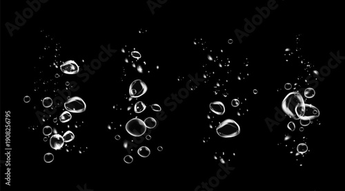 Set of clean water bubbles with soap foam effect, sparkle shine, detergent powder trail, fresh wave and hygiene on black background.