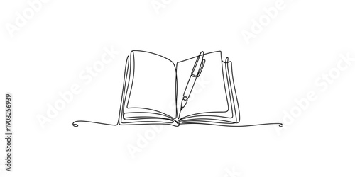 Continuous one line drawing of open book resting on a flat surface with simple line art style