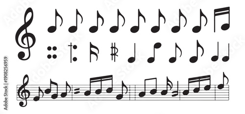 Variety of music notes, symbols and treble clef on staff, detailed musical score elements