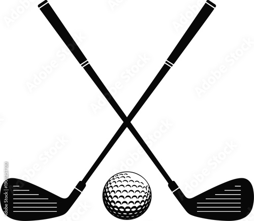 Two Black Golf Clubs Crossing with a Golf Ball in the Center