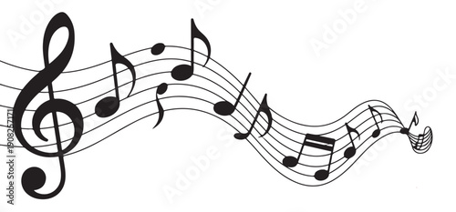 Abstract musical melody trail with treble clef and scattered notes on a fading wave staff for design banners