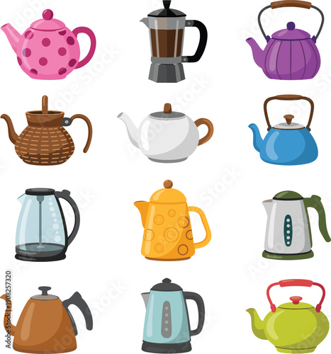Colorful teapot and kettle collection vector illustration set for tea coffee brewing kitchen decor icons design flat modern isolated white