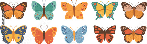 Colorful butterfly illustration set, flat vector butterflies collection, decorative insects, nature design elements, spring wildlife artwork