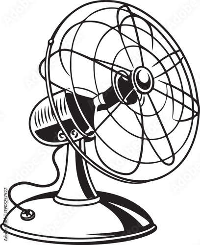 Retro vintage metal table fan with classic cage grill and sturdy base black silhouette vector isolated on transparent background illustration