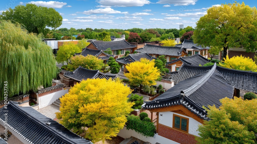 Obraz premium Serene Traditional Architecture with Lush Greenery and Colorful Autumn Foliage in a Peaceful Neighborhood Setting Under a Bright Blue Sky