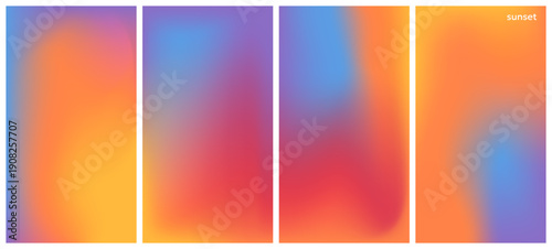Fluid blur gradient background set. Soft sunset pastel backdrops in blue, orange, yellow, violet gradation color. Morning sky wallpaper.