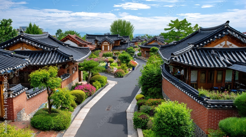 Obraz premium Scenic View of Traditional Korean Houses Surrounded by Lush Greenery and Colorful Flowers under a Bright Blue Sky
