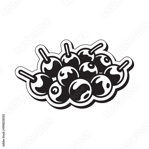 A black and white illustration depicts a cluster of olives on cocktail sticks a stylized design