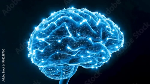 Glowing Digital Brain Formed by Interwoven Neural Fibers with Rapid Data Pulses in Dark Abstract Space