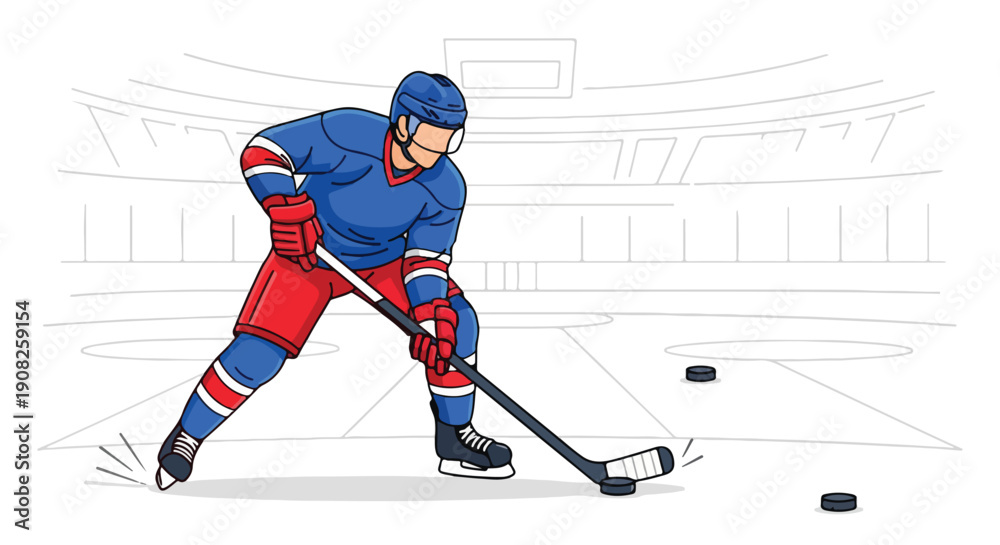 Obraz premium Ice hockey player in action on the rink, wearing blue and red uniform, stick handling the puck during a game