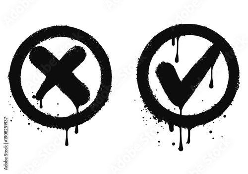 Check sign. Spray painted graffiti check mark in black over white. isolated on white background