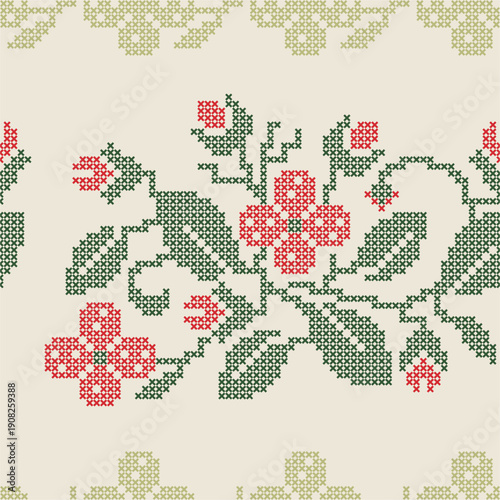 Traditional Slavic, Bulgarian decorative embroidery vector pattern. Seamless ornamental motifs for folklore costume, clothing, textile, damask, craft knitting, sewing. Balkan cultural heritage.