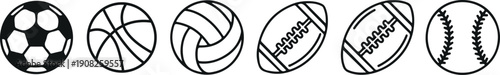 Six different sports balls icons in a row on transparent background