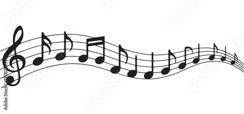 Black musical notes and staff lines curving dynamically across a clean white background, depicting a lively melody