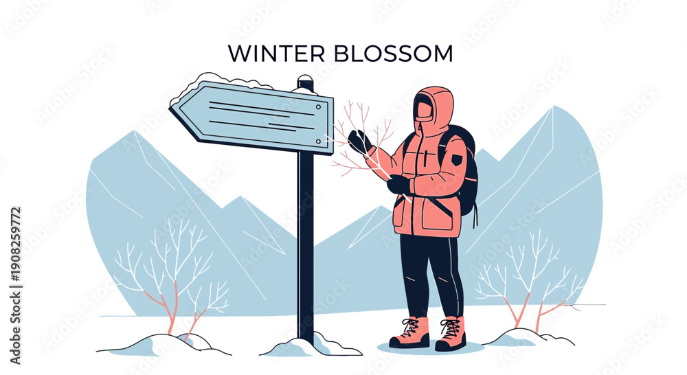 © seno - Winter Blossom Illustration: Hiker Navigates Snowy Landscape with Signpost