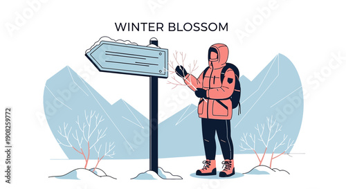 Winter Blossom Illustration: Hiker Navigates Snowy Landscape with Signpost