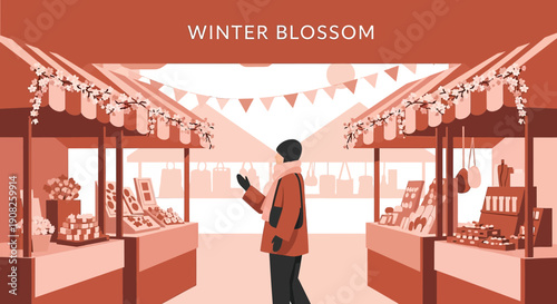 Winter Blossom Market Scene with Person and Stalls - Flat Illustration
