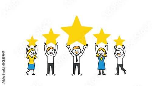 Cheerful cartoon people holding up five large golden stars to symbolize high quality rating and customer satisfaction.