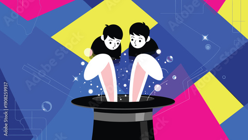 Two young boys looking curiously into a magic top hat with rabbit ears on a colorful geometric abstract background.