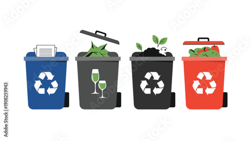 Four different colored recycling bins for paper glass organic and metal waste to promote environmental sustainability.