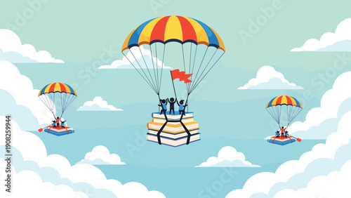 People floating through a blue sky using parachutes attached to stacks of books to symbolize the power of education.