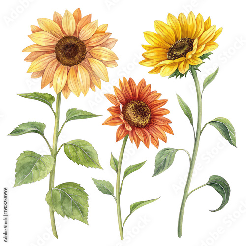 set of sunflowers ,isolated on transparent background png