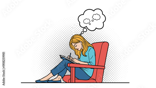 Vintage pop art illustration of a young woman sitting in a chair writing in her diary and daydreaming about life.