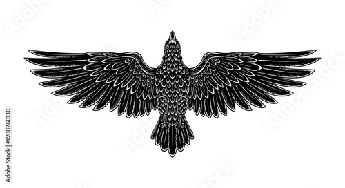 Detailed Illustration of a Black Raven in Flight.