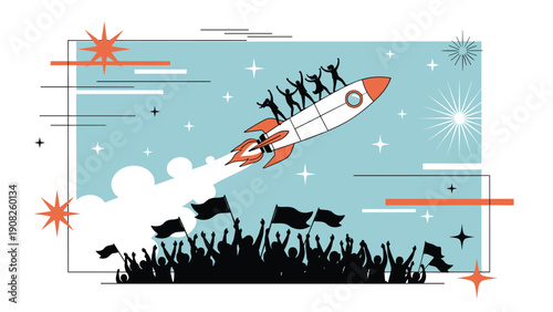 Excited crowd celebrating as a powerful rocket launches into space representing a successful business startup.