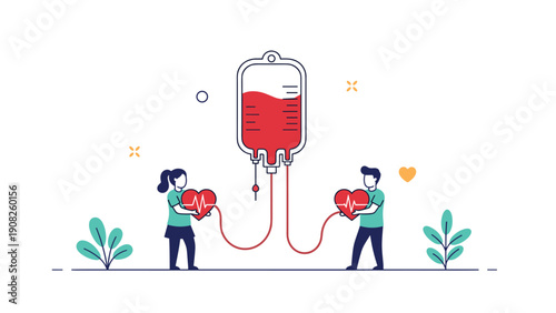 Man and woman holding hearts connected to a large blood donation bag to symbolize the gift of life and health.