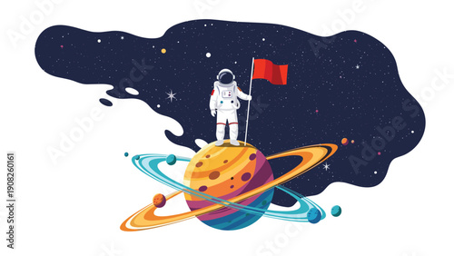 Astronaut holding a red flag while standing on top of a colorful ringed planet in a dark starry space background.