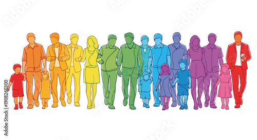 Diverse group of people walking together in rainbow colors.