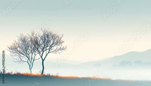 Twin trees on gentle hill in pastel ambiance. Soft minimalist landscape with warm horizon fade. Elegant countryside illustration featuring paired trunks