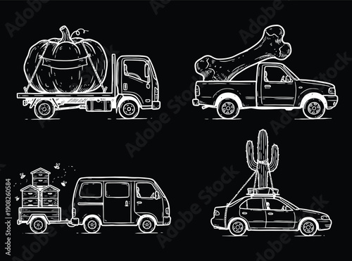 Chalkboard Sketch Set of Vehicles Transporting Unusual and Oversized Cargo
