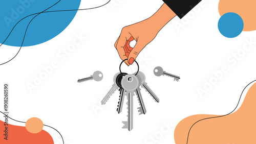 Person holding a large metal keyring with multiple silver keys over a colorful abstract background with shapes.