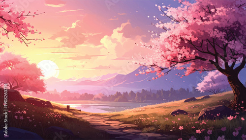 Vibrant sunset valley with blooming riverside trees. Colorful evening panorama over tranquil lake. Scenic twilight countryside glowing in warm tones