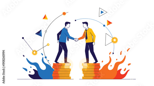 Business agreement between two professionals shaking hands while standing on stacks of gold coins with abstract elements.