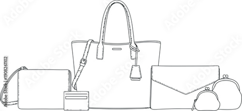 Fashion accessory technical drawing showcases a collection of leather goods including a large tote bag shoulder bag clutch and two coin purses for design reference