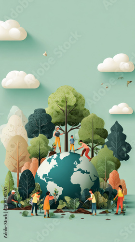 Groups of people engage in planting trees and tending to plants as they celebrate Earth Day. The scene features a large globe and many trees in a garden space