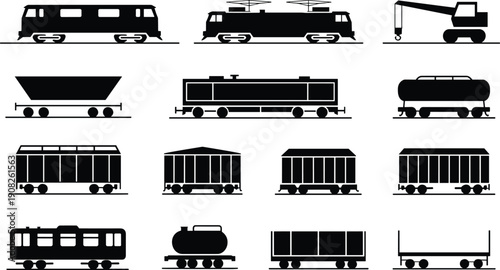 Black and white train and railcar locomotive freight car