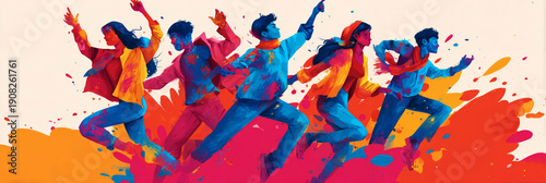 People run and dance in bright colors during Holi. The atmosphere is full of joy and excitement as they celebrate this festival with friends and family