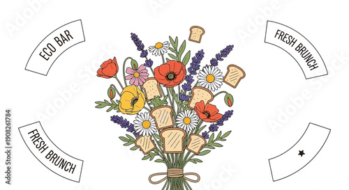 Whimsical Toast and Flower Bouquet Illustration - Fresh Brunch Concept