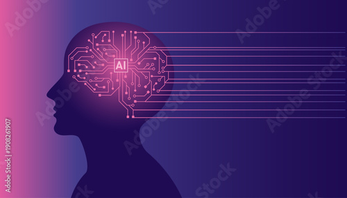 Vector illustration on the Theme of Artificial intelligence technology, Digital Human Brain, The process of thinking, Data, digital intelligence, machine learning, robot, and computer network concepts