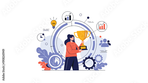 Professional woman holds a large gold trophy cup while surrounded by various business icons representing career success and growth.