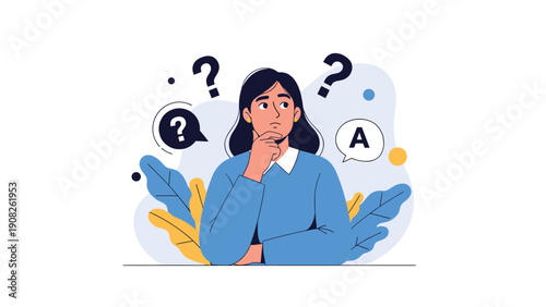 Pensive young woman looks upward while surrounded by floating question marks and an answer bubble symbolizing a decision process.