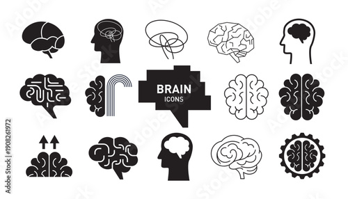 Set of human brain icons, logo. Science, medical, mental health, digital technology theme.  