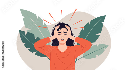 Young woman holding her head in pain or frustration representing headache, migraine, stress, or mental health struggles against a leafy backdrop.